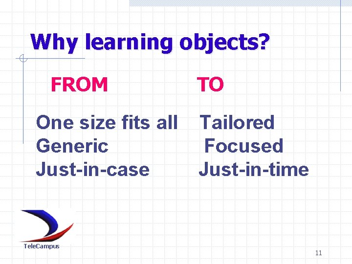 Why learning objects? FROM One size fits all Generic Just-in-case Tele. Campus TO Tailored