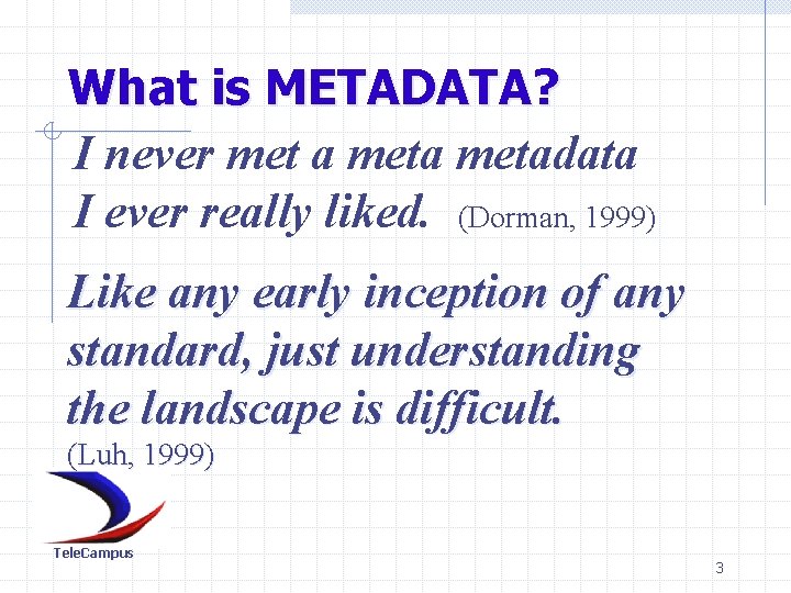 What is METADATA? I never met a metadata I ever really liked. (Dorman, 1999)