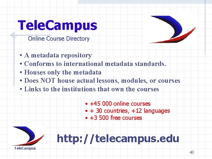 Tele. Campus Online Course Directory • A metadata repository • Conforms to international metadata