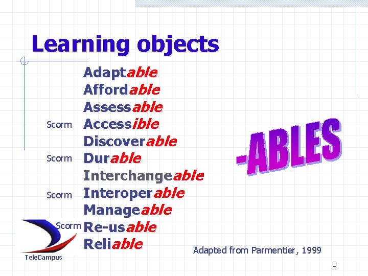Learning objects Adaptable Affordable Assessable Scorm Accessible Discoverable Scorm Durable Interchangeable Scorm Interoperable Manageable