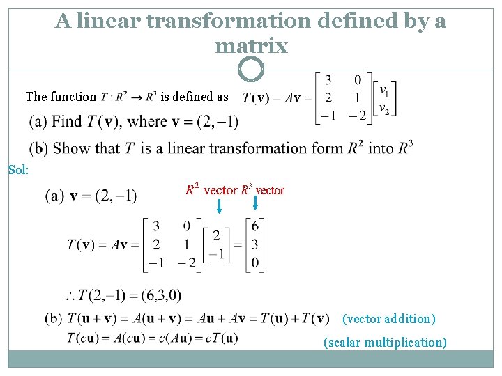 A linear transformation defined by a matrix The function is defined as Sol: (vector A linear transformation defined by a matrix The function is defined as Sol: (vector