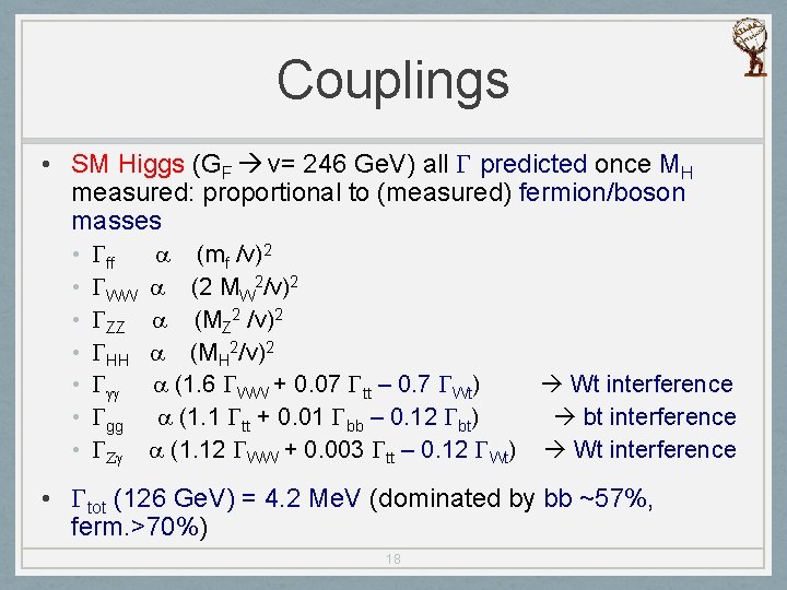 Couplings • SM Higgs (GF v= 246 Ge. V) all G predicted once MH