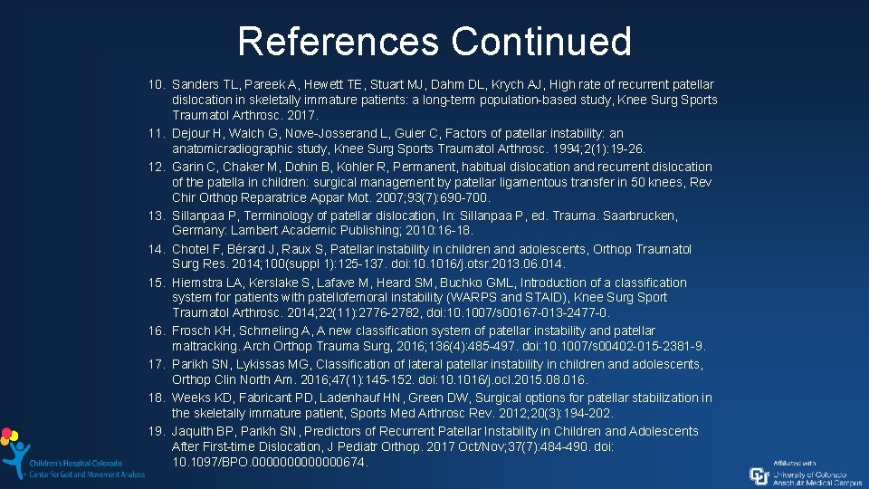 References Continued 10. Sanders TL, Pareek A, Hewett TE, Stuart MJ, Dahm DL, Krych