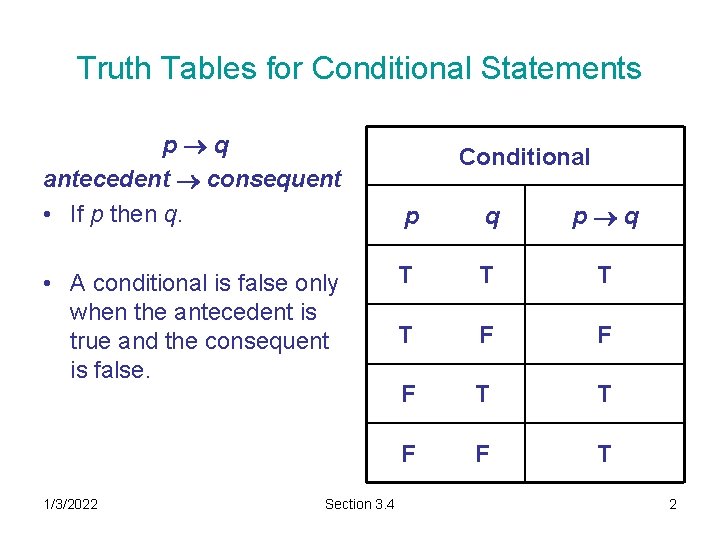 Truth Tables for Conditional Statements p q antecedent consequent • If p then q. Truth Tables for Conditional Statements p q antecedent consequent • If p then q.