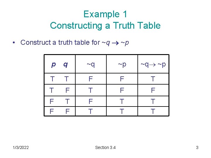 Example 1 Constructing a Truth Table • Construct a truth table for ~q ~p Example 1 Constructing a Truth Table • Construct a truth table for ~q ~p