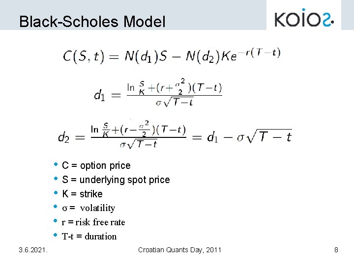 Black-Scholes Model • C = option price • S = underlying spot price •