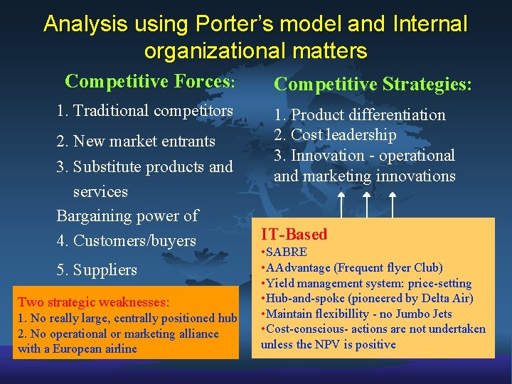 Analysis using Porter’s model and Internal organizational matters Competitive Forces: 1. Traditional competitors 2.