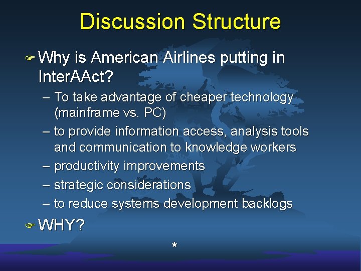 Discussion Structure F Why is American Airlines putting in Inter. AAct? – To take