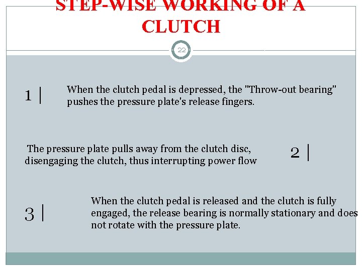 STEP-WISE WORKING OF A CLUTCH 22 1| When the clutch pedal is depressed, the