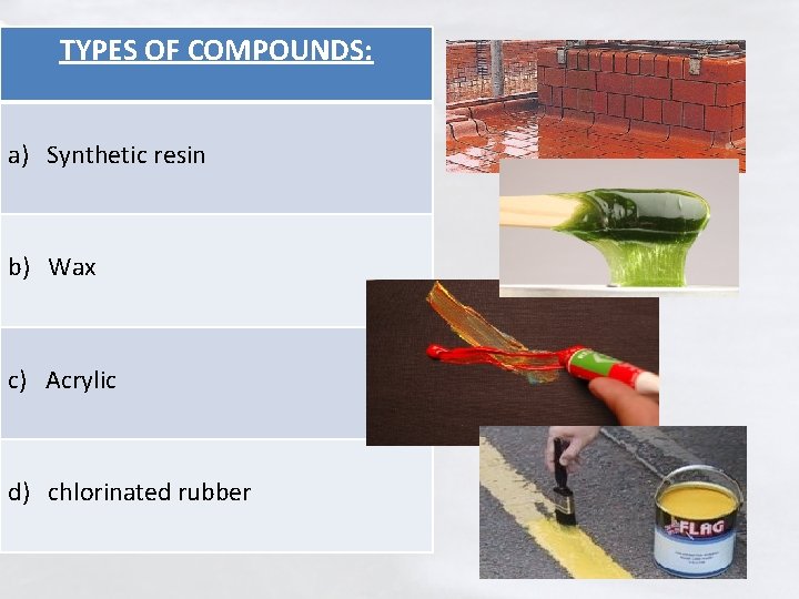 TYPES OF COMPOUNDS: a) Synthetic resin b) Wax c) Acrylic d) chlorinated rubber 