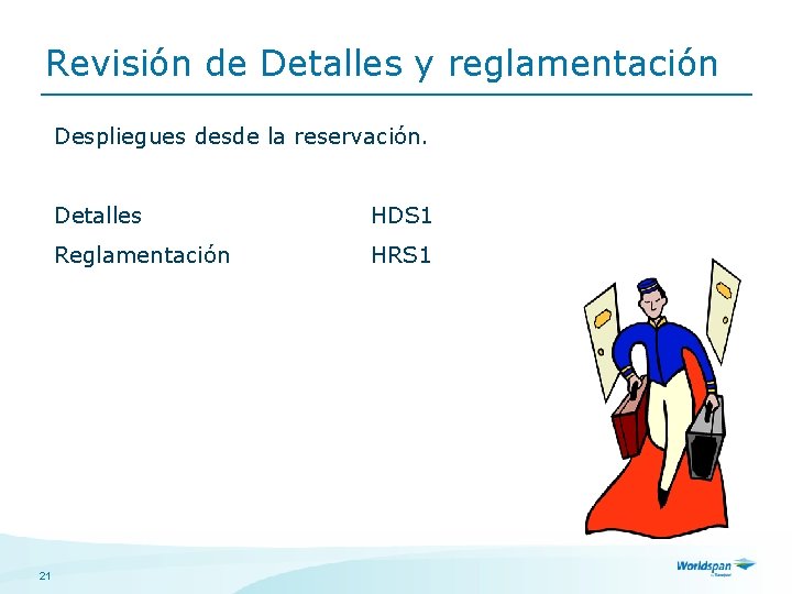 Revisión de Detalles y reglamentación Despliegues desde la reservación. 21 Detalles HDS 1 Reglamentación