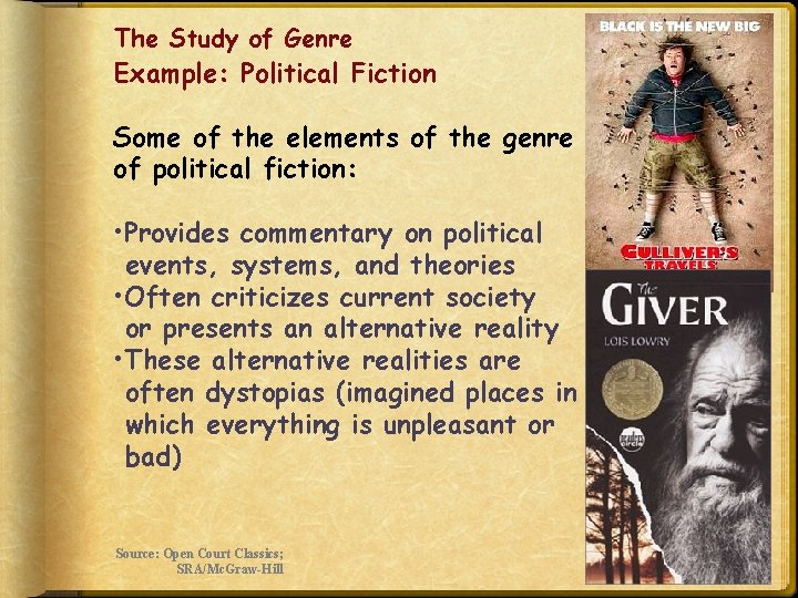 The Study of Genre Example: Political Fiction Some of the elements of the genre