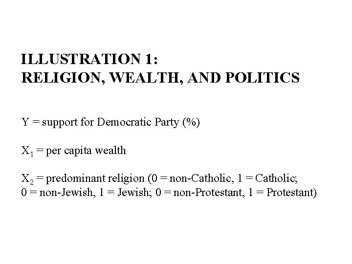 ILLUSTRATION 1: RELIGION, WEALTH, AND POLITICS Y = support for Democratic Party (%) X