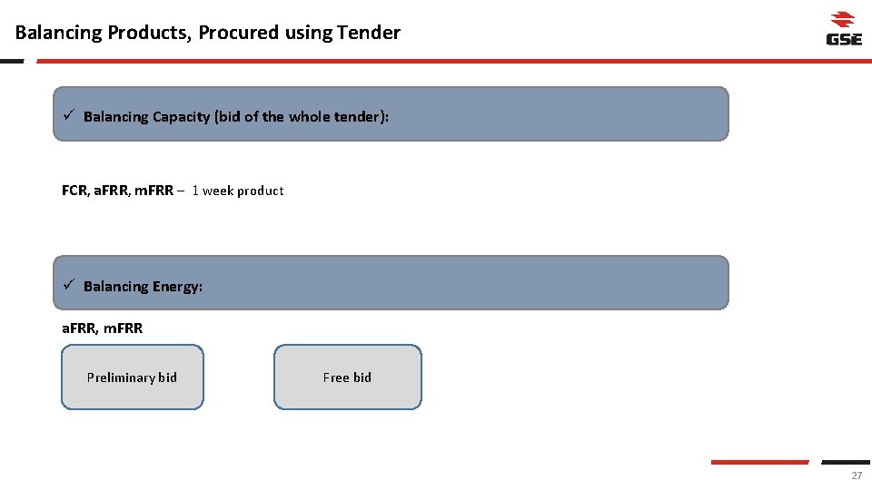 Balancing Products, Procured using Tender ü Balancing Capacity (bid of the whole tender): FCR,