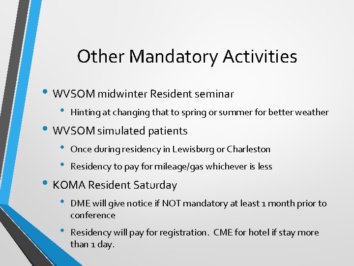 Other Mandatory Activities • WVSOM midwinter Resident seminar • Hinting at changing that to