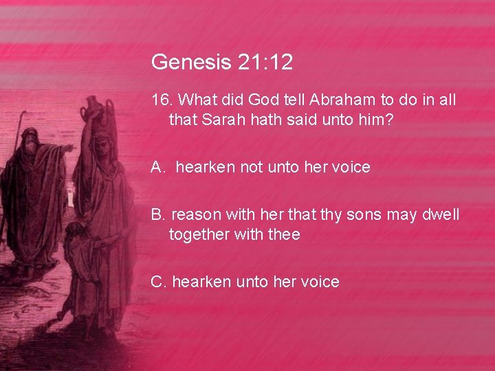 Genesis 21: 12 16. What did God tell Abraham to do in all that