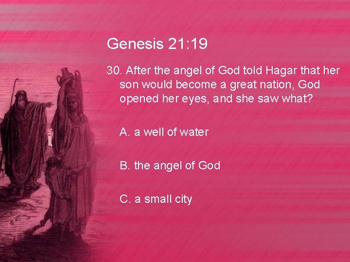 Genesis 21: 19 30. After the angel of God told Hagar that her son