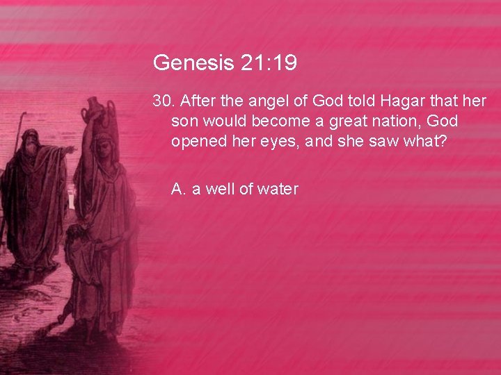 Genesis 21: 19 30. After the angel of God told Hagar that her son