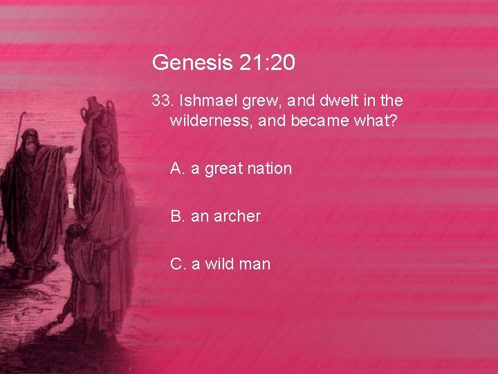 Genesis 21: 20 33. Ishmael grew, and dwelt in the wilderness, and became what?