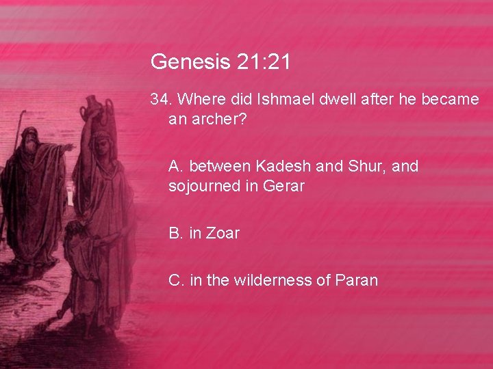 Genesis 21: 21 34. Where did Ishmael dwell after he became an archer? A.