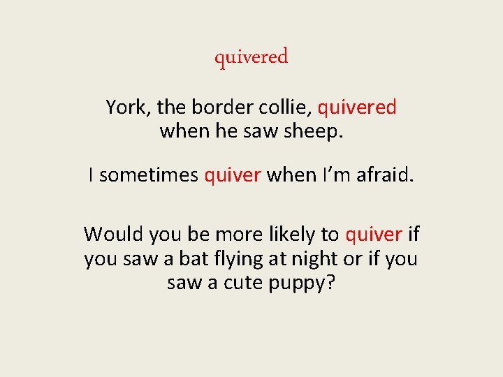 quivered York, the border collie, quivered when he saw sheep. I sometimes quiver when