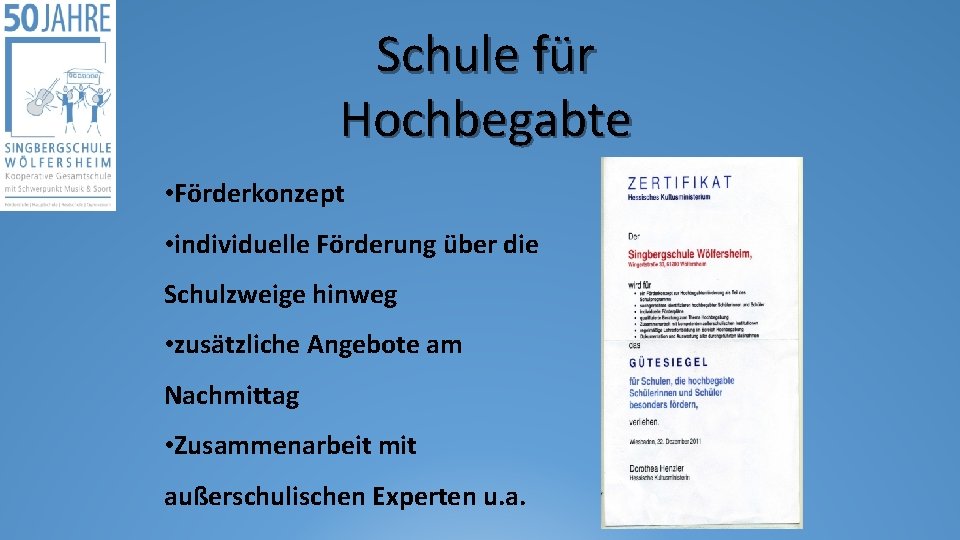 Schule für Hochbegabte • Förderkonzept • individuelle Förderung über die Schulzweige hinweg • zusätzliche