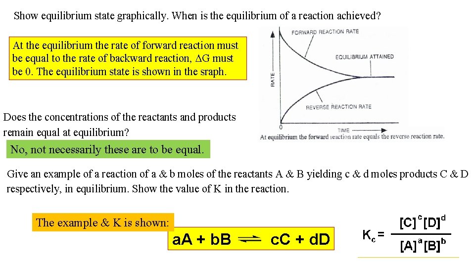 Show equilibrium state graphically. When is the equilibrium of a reaction achieved? At the