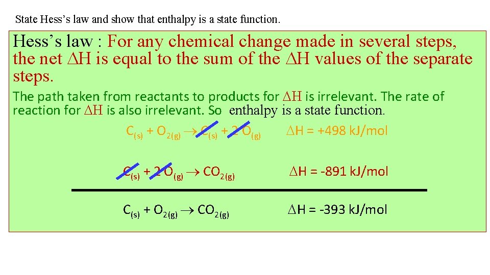 State Hess’s law and show that enthalpy is a state function. Hess’s law :