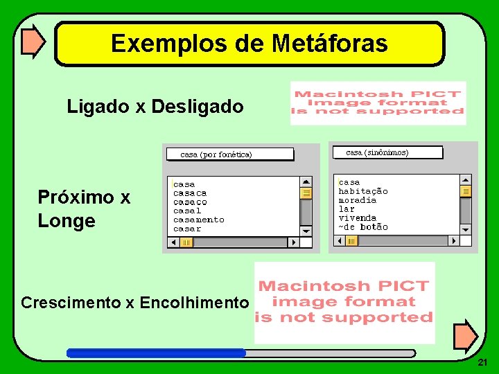 Exemplos de Metáforas Ligado x Desligado Próximo x Longe Crescimento x Encolhimento 21 