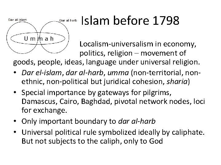 Islam before 1798 Localism-universalism in economy, politics, religion – movement of goods, people, ideas, Islam before 1798 Localism-universalism in economy, politics, religion – movement of goods, people, ideas,