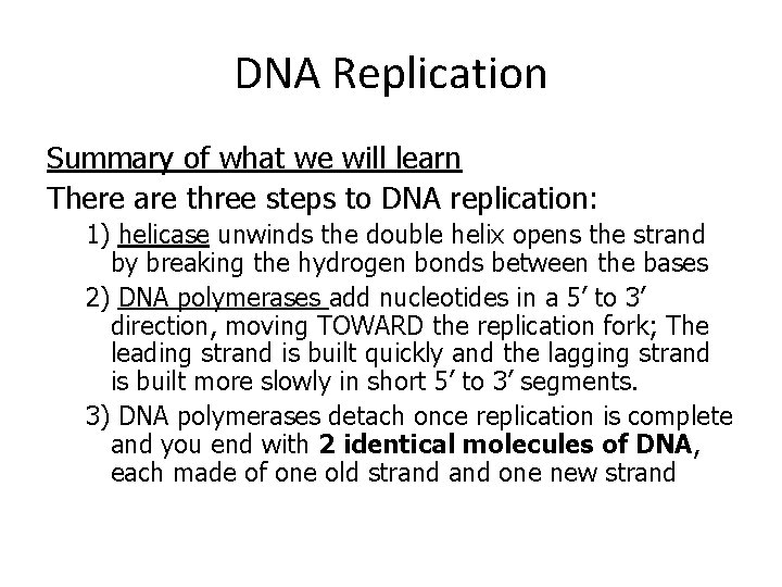DNA Replication Summary of what we will learn There are three steps to DNA