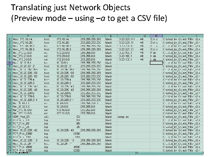 Translating just Network Objects (Preview mode – using –a to get a CSV file)