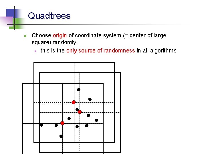 Quadtrees n Choose origin of coordinate system (= center of large square) randomly. n