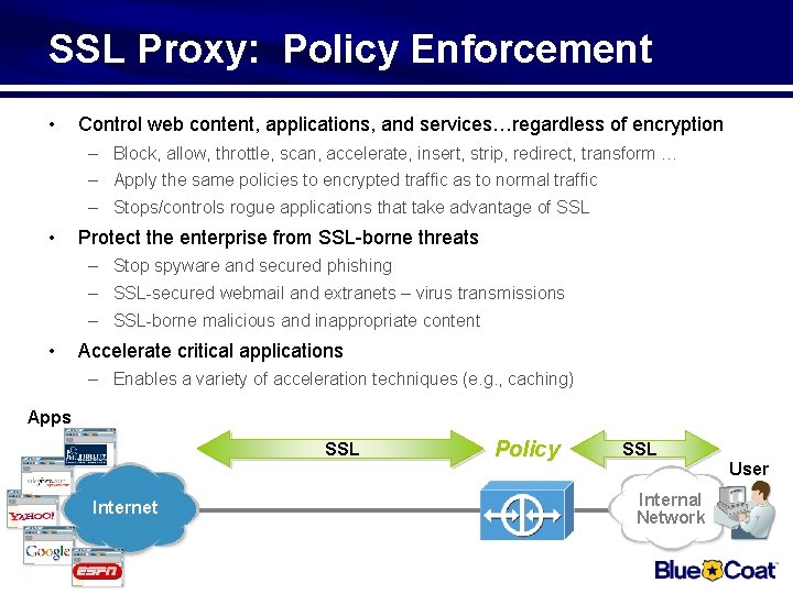 SSL Proxy: Policy Enforcement • Control web content, applications, and services…regardless of encryption –