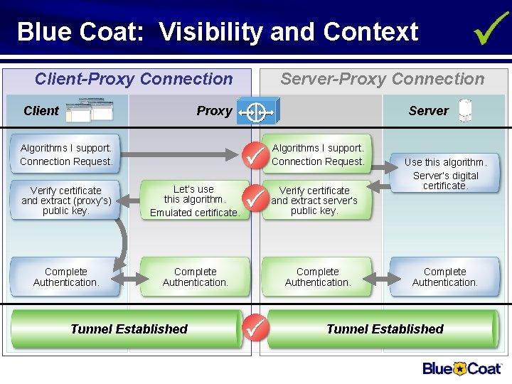 Blue Coat: Visibility and Context Client-Proxy Connection Client Server-Proxy Connection Proxy Algorithms I support.