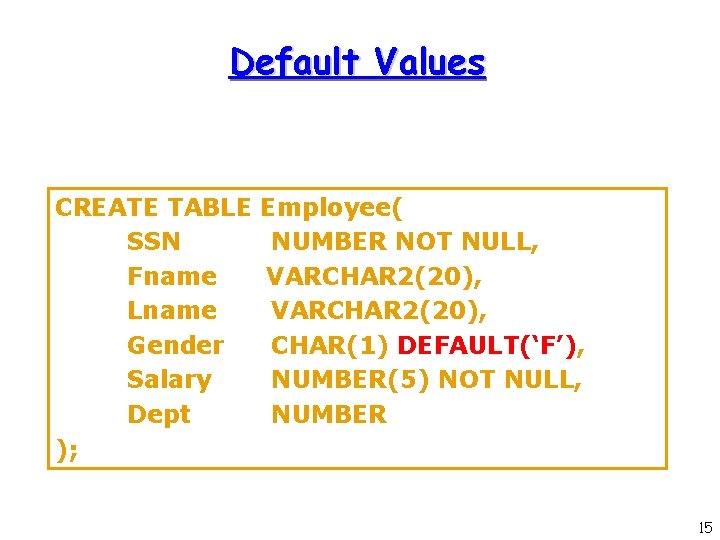 Default Values CREATE TABLE SSN Fname Lname Gender Salary Dept ); Employee( NUMBER NOT Default Values CREATE TABLE SSN Fname Lname Gender Salary Dept ); Employee( NUMBER NOT