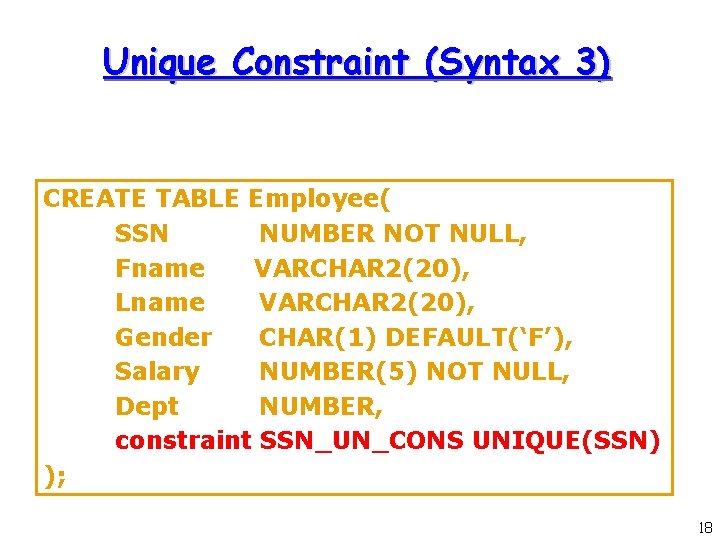 Unique Constraint (Syntax 3) CREATE TABLE Employee( SSN NUMBER NOT NULL, Fname VARCHAR 2(20), Unique Constraint (Syntax 3) CREATE TABLE Employee( SSN NUMBER NOT NULL, Fname VARCHAR 2(20),