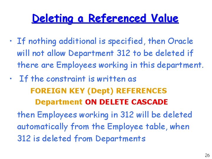 Deleting a Referenced Value • If nothing additional is specified, then Oracle will not Deleting a Referenced Value • If nothing additional is specified, then Oracle will not