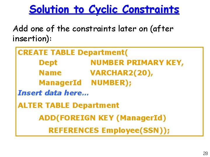 Solution to Cyclic Constraints Add one of the constraints later on (after insertion): CREATE Solution to Cyclic Constraints Add one of the constraints later on (after insertion): CREATE