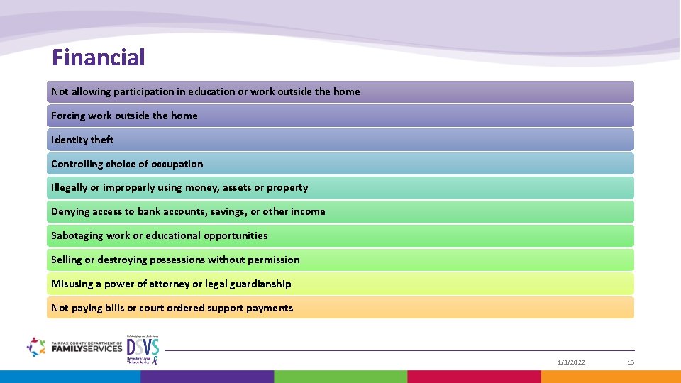 Financial Not allowing participation in education or work outside the home Forcing work outside