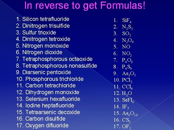 In reverse to get Formulas! 1. Silicon tetrafluoride 2. Dinitrogen trisulfide 3. Sulfur trioxide