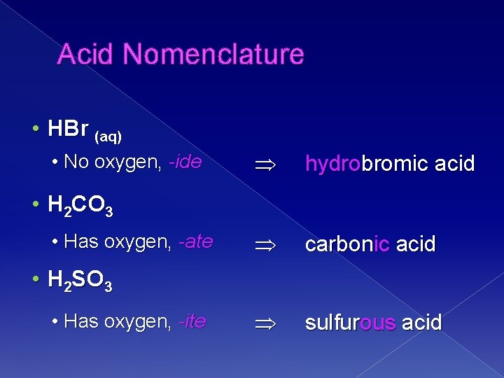 Acid Nomenclature • HBr (aq) • No oxygen, -ide hydrobromic acid carbonic acid sulfurous