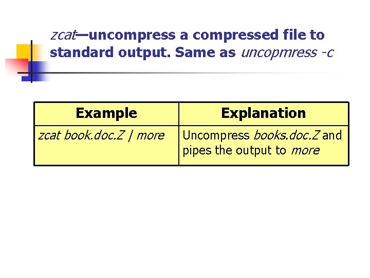 zcat—uncompress a compressed file to standard output. Same as uncopmress -c Example zcat book.