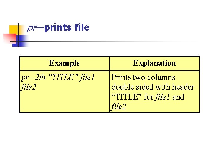 pr—prints file Example pr – 2 th “TITLE” file 1 file 2 Explanation Prints