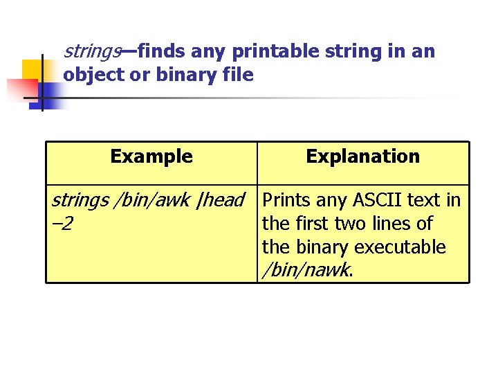 strings—finds any printable string in an object or binary file Example Explanation strings /bin/awk