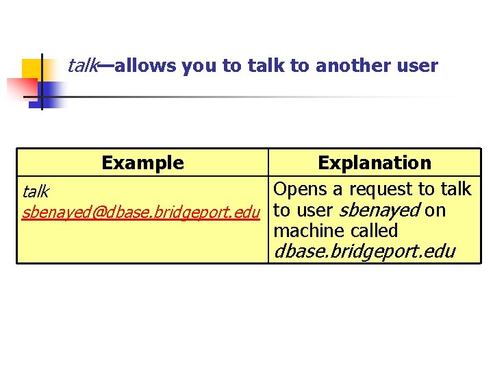 talk—allows you to talk to another user Example Explanation Opens a request to talk