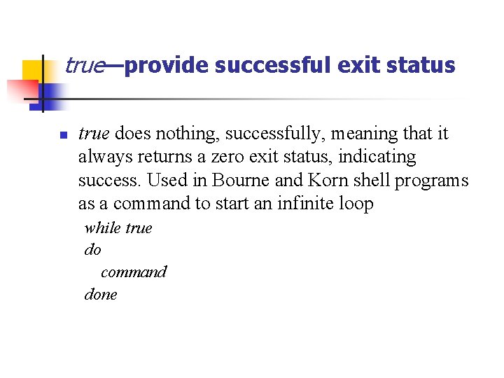 true—provide successful exit status n true does nothing, successfully, meaning that it always returns