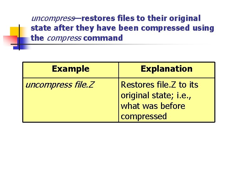 uncompress—restores files to their original state after they have been compressed using the compress