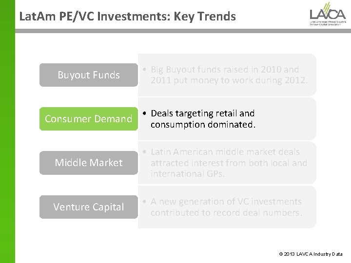 Lat. Am PE/VC Investments: Key Trends Buyout Funds Consumer Demand • Big Buyout funds