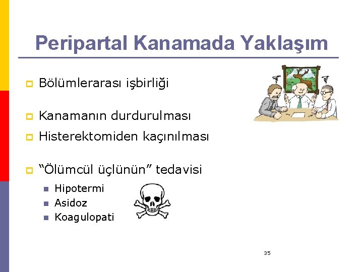 Peripartal Kanamada Yaklaşım p Bölümlerarası işbirliği p Kanamanın durdurulması p Histerektomiden kaçınılması p “Ölümcül